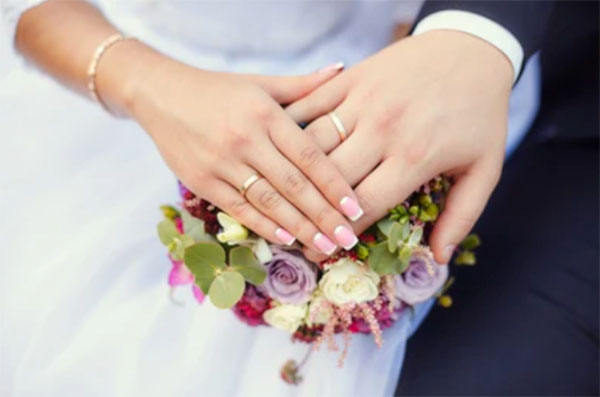 Свадебные кольца на пальцах мужчины и женщины